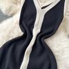 New Summer Women V-neck Split Long Midi Knitted Sweater Dress Fashion Casual Contrasting Color Knitwear Clothing