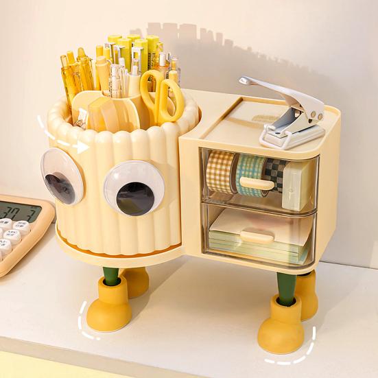 Cute Rotating Pen Holder with Drawer 2-in-1 Large Capacity Desktop Organizer for Kids Girls Multifunctional Storage And Sorting Box