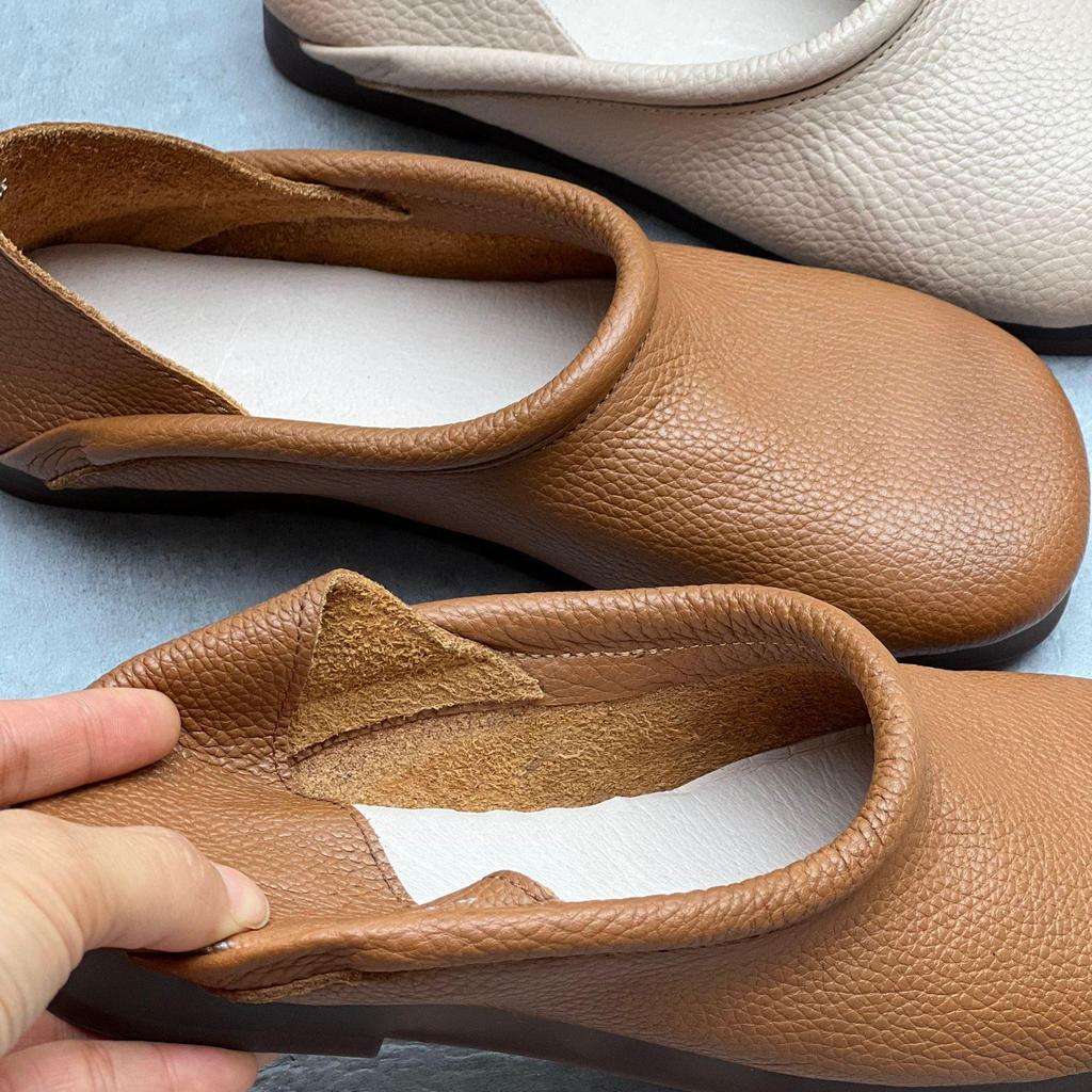 Johnature Chaussures plates vintage faites à la main en cuir véritable, chaussures confortables à semelle souple, couleur unie, à enfiler