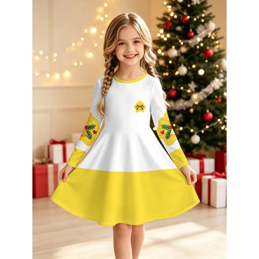 Girls' 3D Yellow Christmas Dress Long Sleeve Summer Spring Vacation Daily Holiday Princess Beautiful Sweet Kids 4-12 Years Casual Dress A Line Dress
