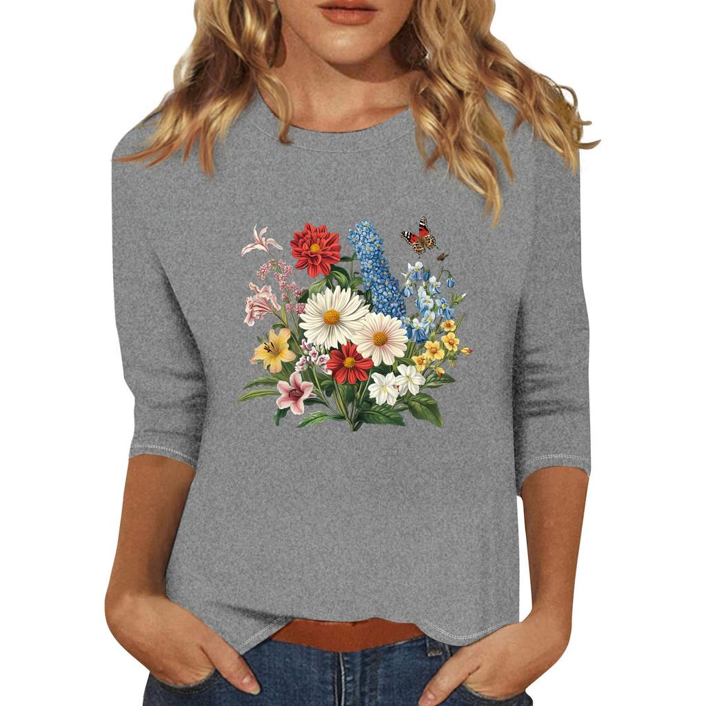 Women's Fashion Casual Seven-Point Sleeve Print Round Neck Top