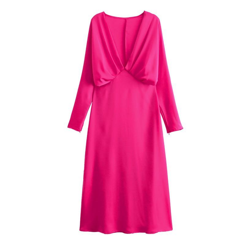 

European American Women s Clothing Fashionable V-neck Silk Satin Loose Long-sleeved Dress S