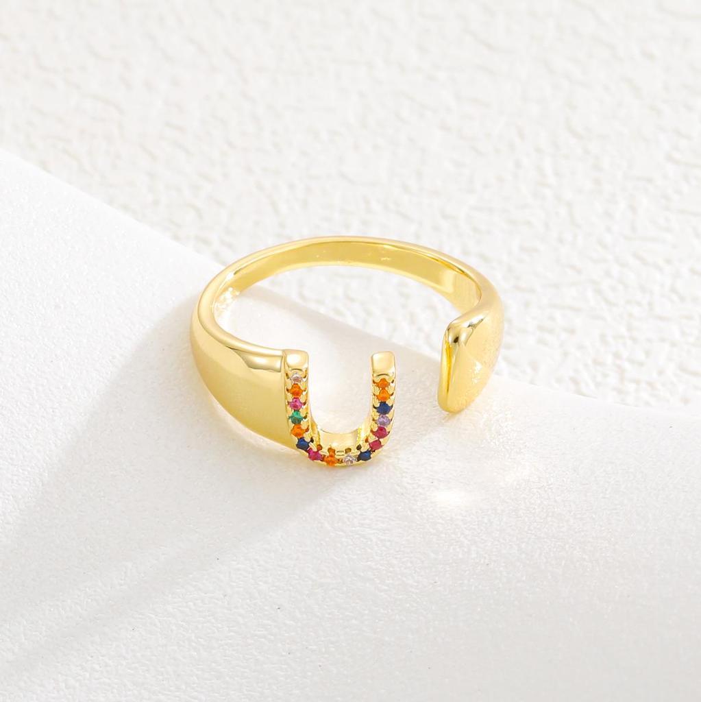 Fashionable Colorful Zircon Alphabet Adjustable Retro Ring