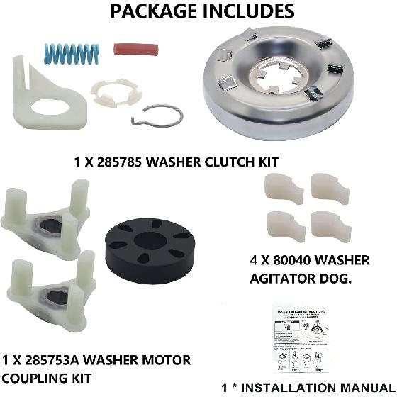 Upgraded 285785 Washer Clutch Kit 285753A Motor Coupling Kit & 4pcs 80040 Washer Agitator Dog Directly by Sikawai Fit for Whirl-pool Ken-more Washer