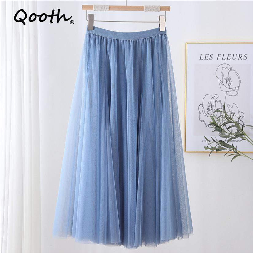 Qooth Women's Slim Skirt Mid Length Gauze Skirt Summer Simple Casual Skirt Fashion Full Dance Skirt QT2588