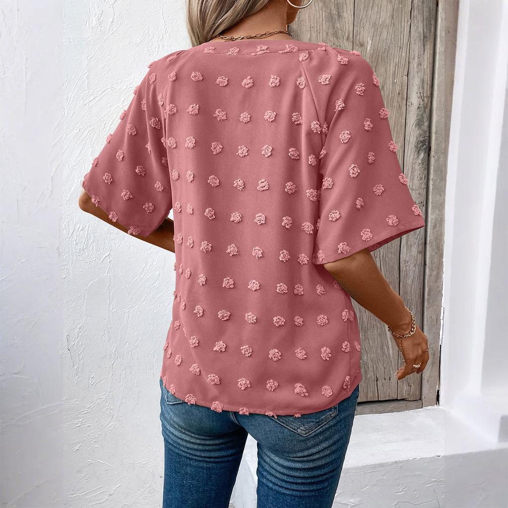 Women's Summer Solid Color Comfortable Loose Large  V-Neck Short Sleeve Top