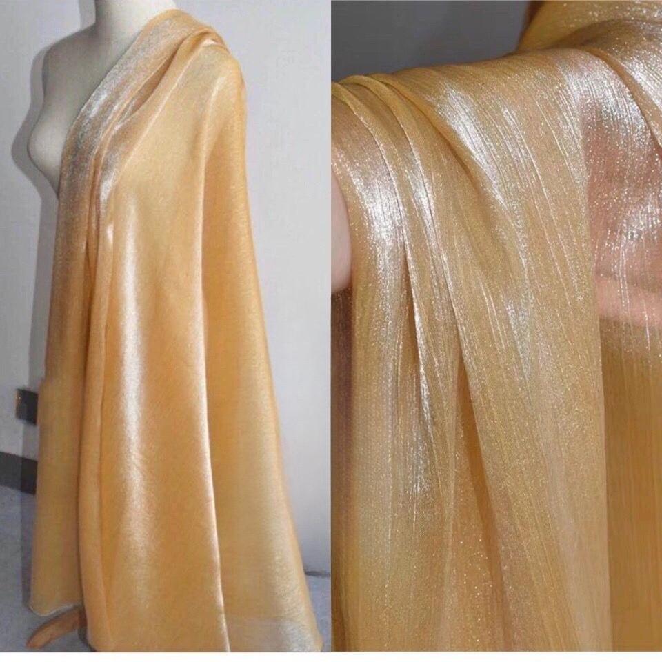 Caramel-colored pleated glitter transparent organza fabric suitable for wedding dresses evening gowns designer clothing fabrics