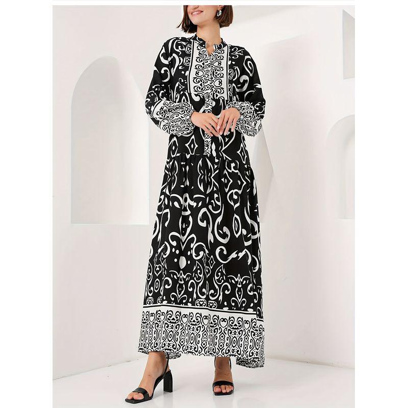 

Western Style New Fashion Casual Loose Robe Print Long sleeve dress Printed Loose Dress Black 2XL