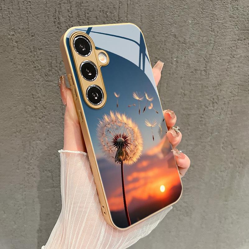 Dandelion pattern glass phone case suitable for Samsung Galaxy S26 S25 S24 S23 S22 S20 FE/Ultra/Plus anti drop back cover