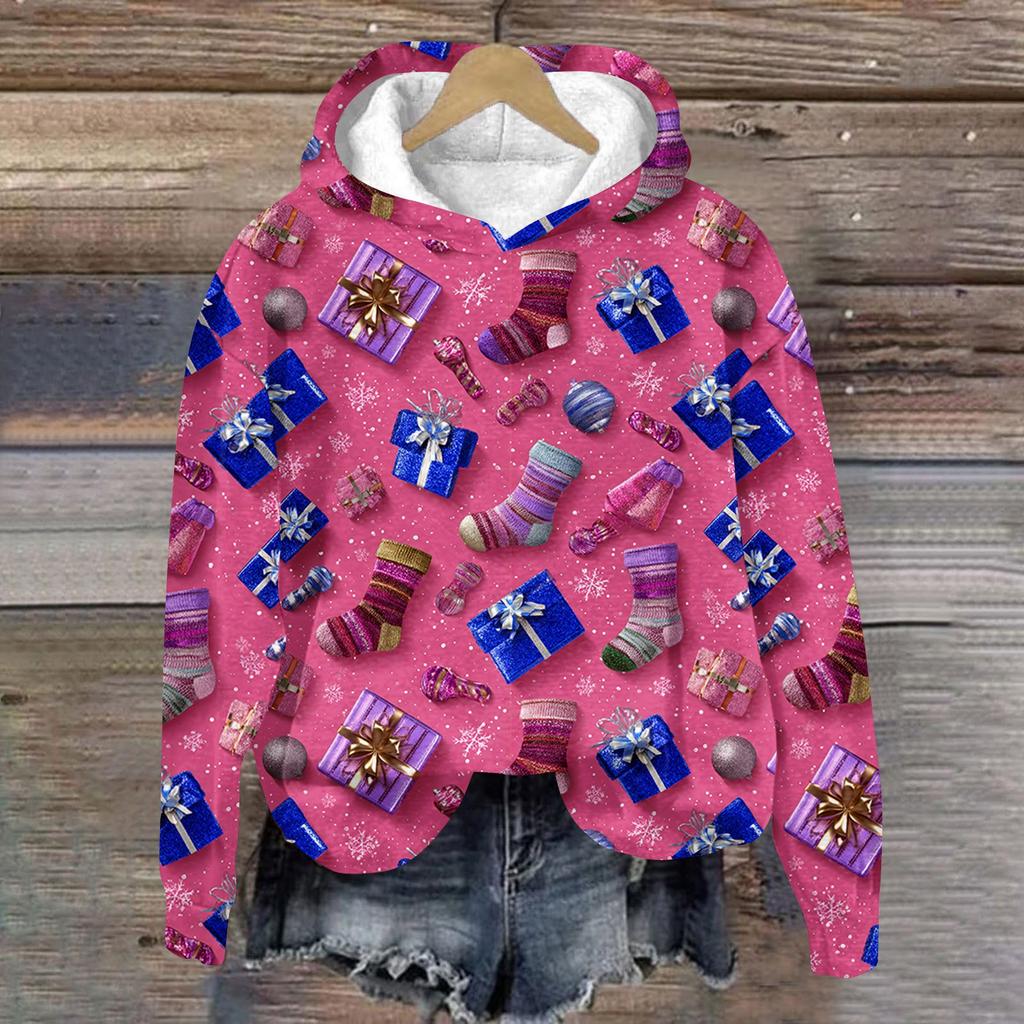 Women's Fashion Long Sleeve Christmas Print Loose Hooded Sweatshirt Top