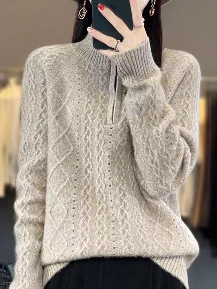 Autumn-Winter High Neck Women's Zipper Pullover Sweater - Loose Knit Long Sleeve Top