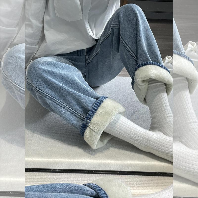Loose High Waisted Plush Jeans Thick Straight Leg Winter Jeans Wide Leg Jeans
