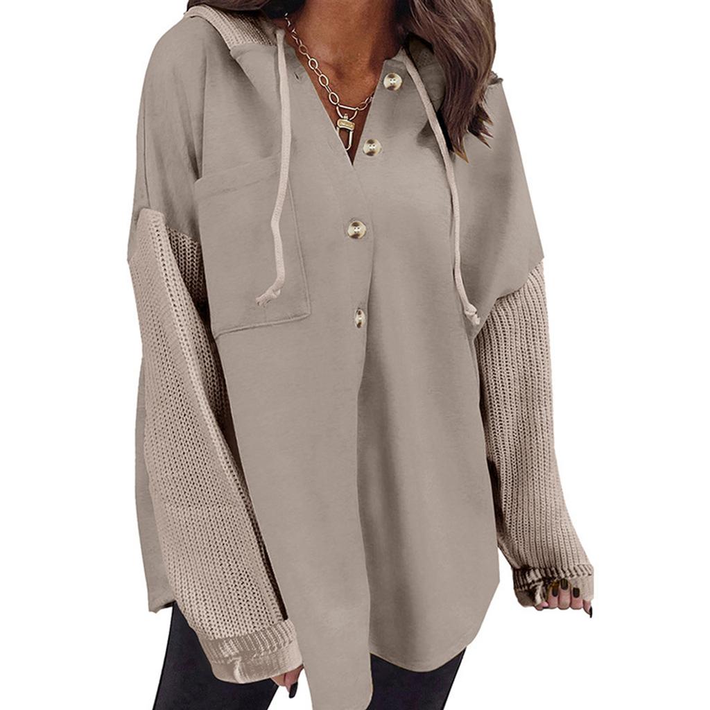 Women's Oversized Casual Long-Sleeve Button-Up Hoodie Knit Patchwork Hoodie With Pockets