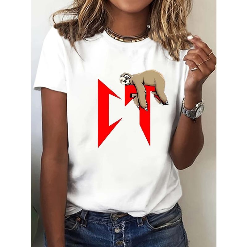 

European sizesCute Sloth Print T-Shirt - Streetwear Casual Short Sleeve Round Neck Top with Sloth Face Sloth Holding Branch, Medium-Stretch Fabric S белый