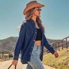Women's Loose Fit Denim Shirt Jacket with Lapel Collar, Long Sleeves and Double Pockets