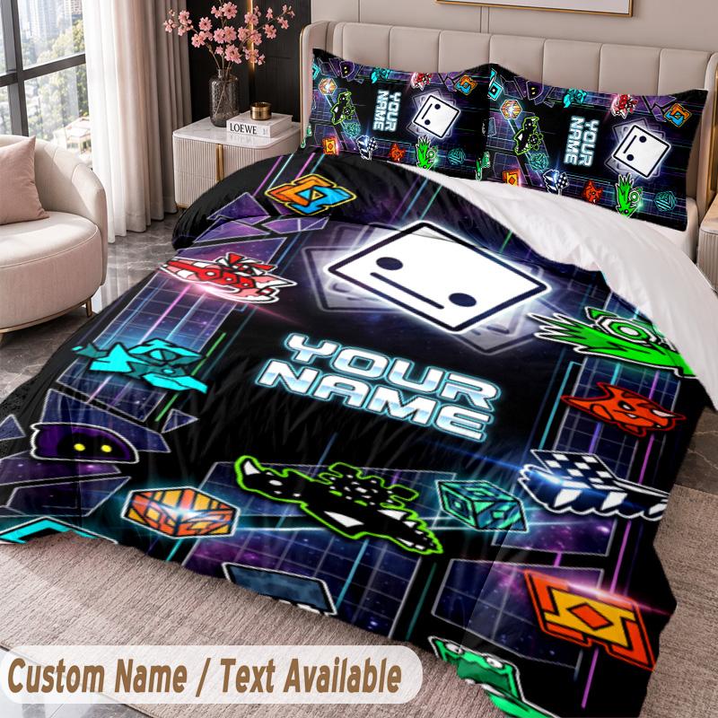 Custom Name Text 3Pcs Bedding Set Geometry Dash Duvet Cover And Two Pillowcases
