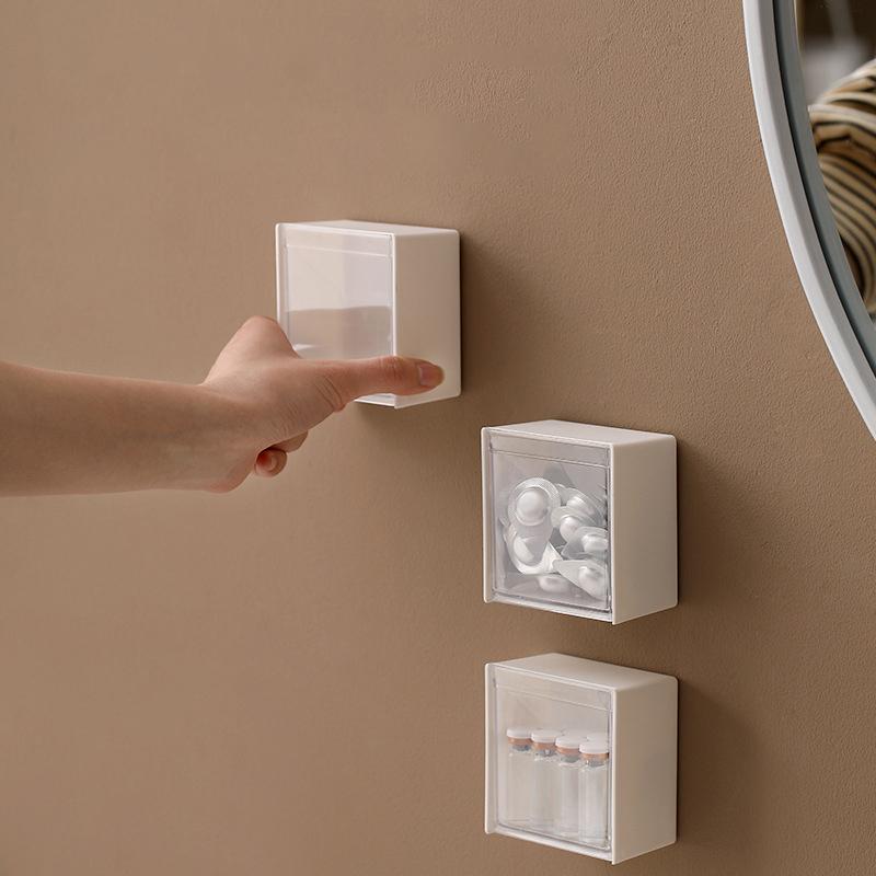 1/2 Peças Caixas de Armazenamento Montadas na Parede Adesivo Pequeno Porta-Jóias Caixa Plástica À Prova de Poeira Organizador de Banheiro Para Cotonetes Maquiagem