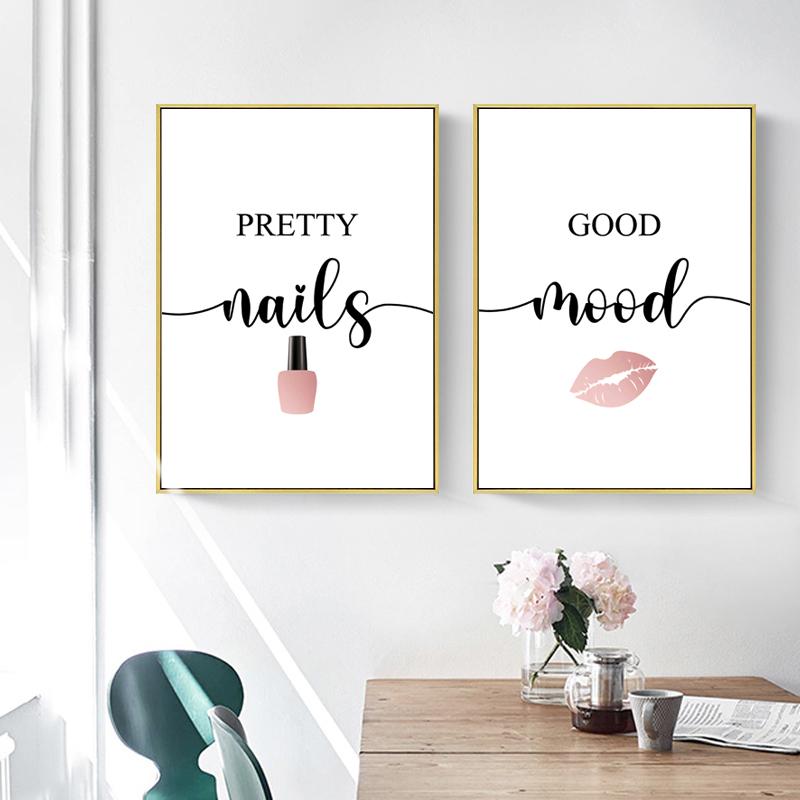 Nordic Pink Woman Red Lip Nails Polish Quotes MakeUp Posters Canvas Painting Wall Art Pictures For Beauty Salon Room Decor