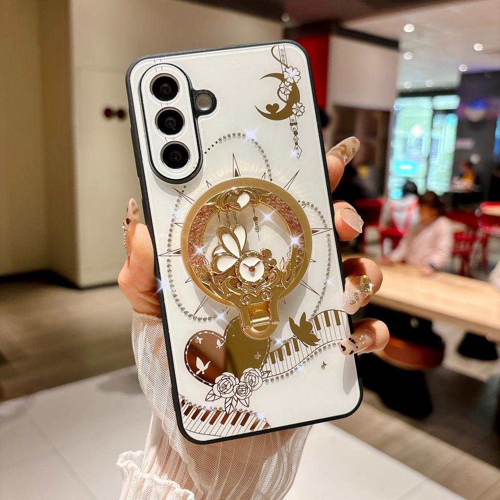 Pro Samsung Galaxy A56 5G Magnetické pouzdro Stojánek TPU+PC Zdobení kamínky Kryt na telefon