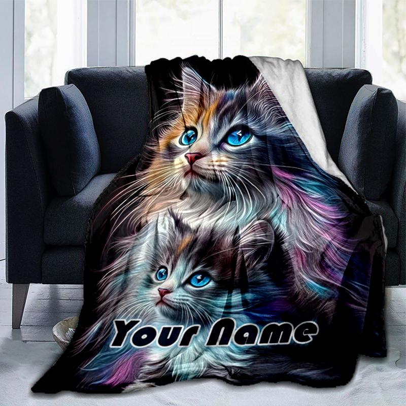 1PC Custom Name Colorful Kittens Friendship flannel blanket versatile,all-season throw suitable for the living room,bedroom,camping,travel,and gift