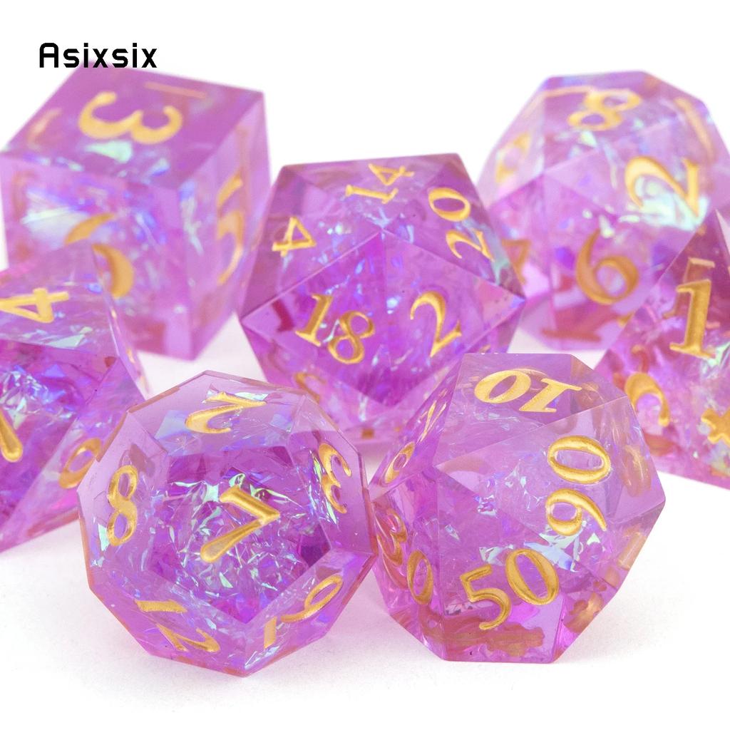 7 Pcs Purple Pink Resin Golden Number Sharp Edge Dice Polyhedral Dice Suitable For Role-Playing Dice PropBoard Game