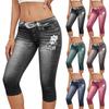 Modische Damen-Jeans mit Blumenmuster, elastischem Bund, elastischem Imitations-Denim, lockerem, lässigem Schnitt, verkürzt
