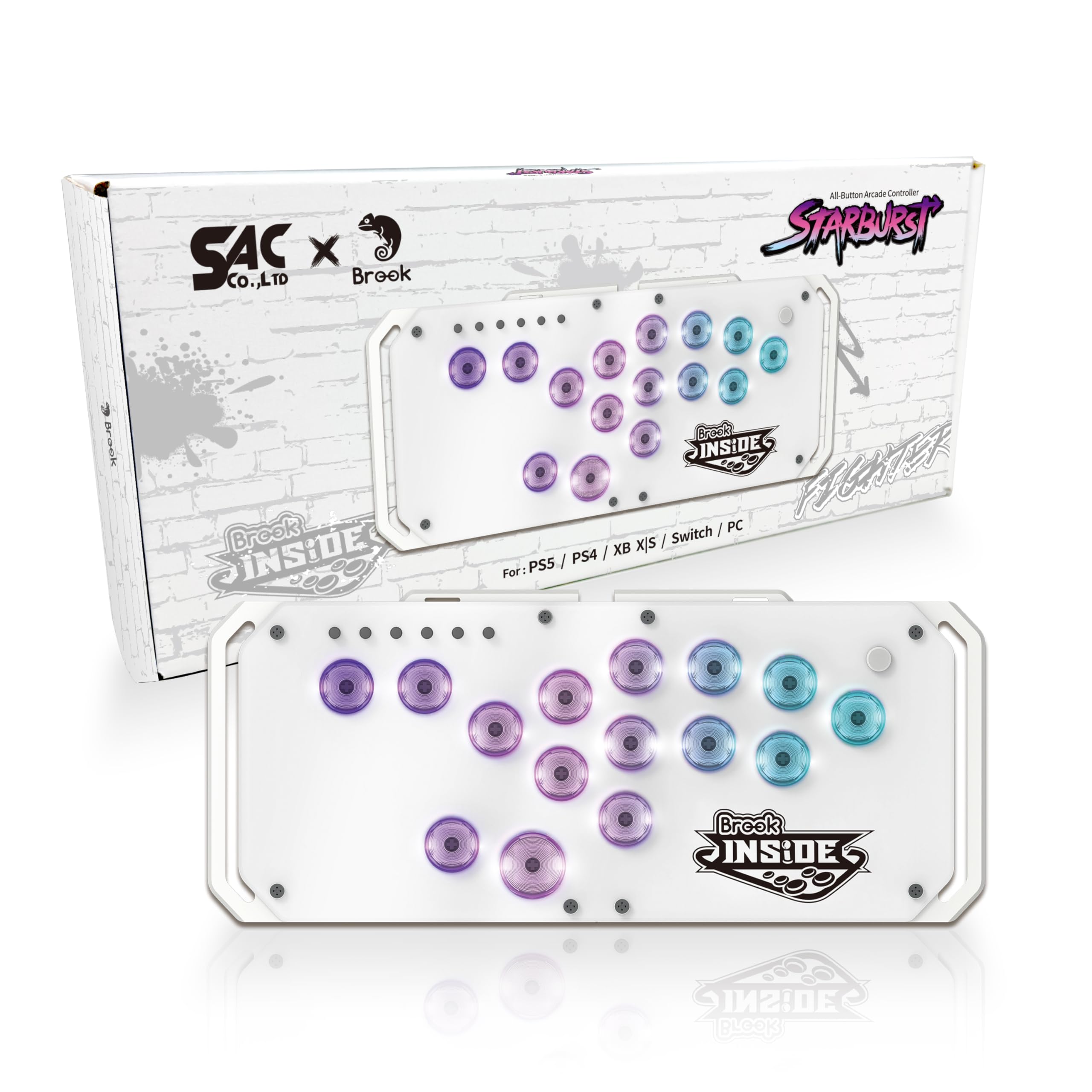 

Brook Fighter Starburst Leverless Аркадний Стік з Повними Кнопками Аркадний Сумісний з Windows Турбо Джойстик 16 Коротких Гарячих RGB Японський Інструкційний Кейс білий