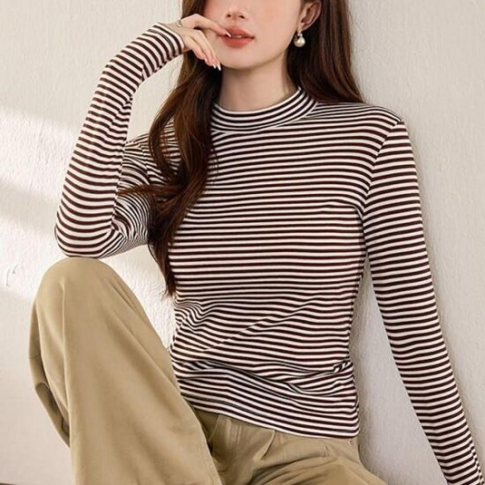 Navava Women S STripe Half Polo Long Sleeve T ShirT nT3001
