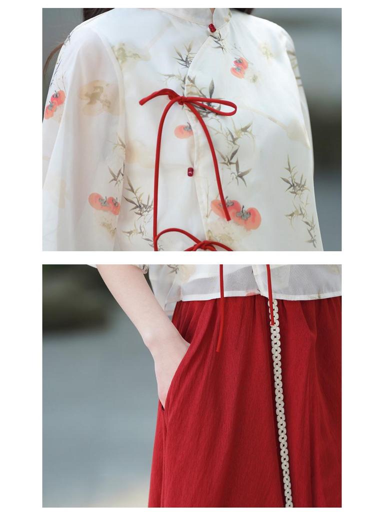 Retro-Print Chiffon Tang-Anzug & Hanfu Weitbein-Hosen-Set für Damen – Frühjahr/Sommer-Kollektion