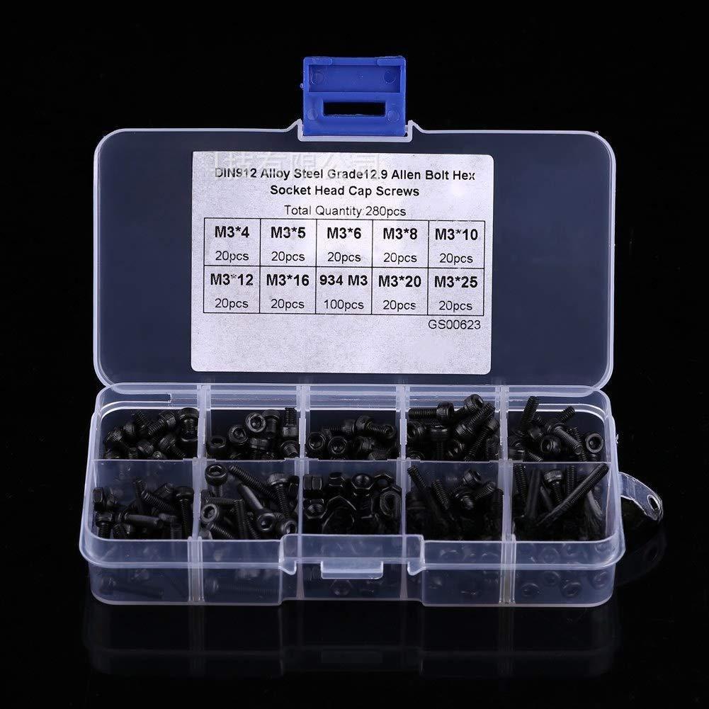 280Pcs 12.9 Grade Alloy Steel M3 Hex Socket Head Screw Nut Kit M3×4-25mm