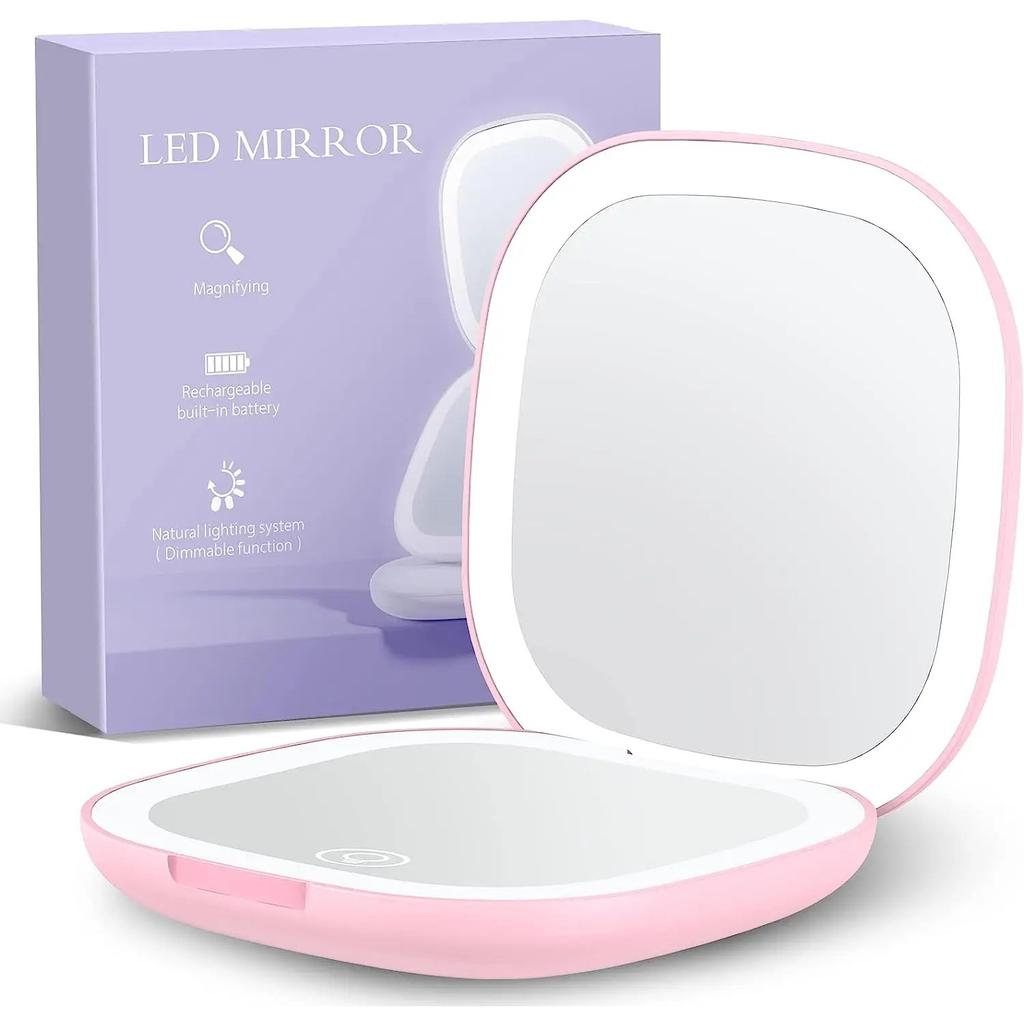 Compact Mirror Lighted Travel Makeup Mirror with 1X/5X Magnifying 2 Sided 3 Colors Dimmable Portable Pocket Mirror for Handbag