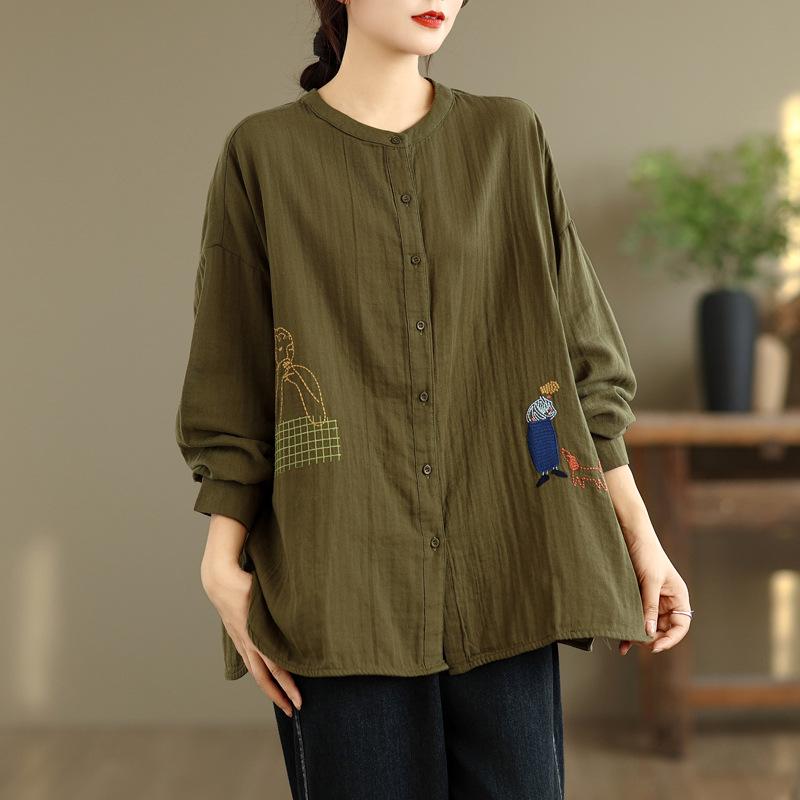Women's 2025 Cotton Gauze Round Neck Long Sleeve Loose Embroidery Shirt