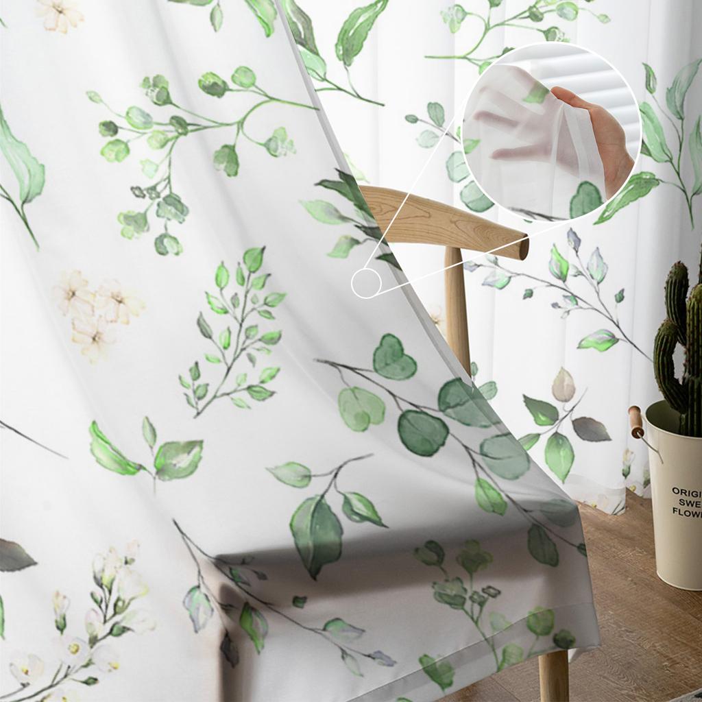 Tüllvorhang mit Aquarellblumen und Blättern, grün, Voile, transparenter Tüll für Schlafzimmer, Wohnzimmer, Küche, durchsichtige Fenstervorhänge