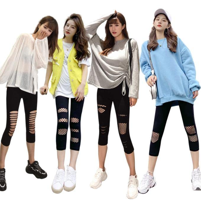 Rubitas Length Distressed Print Skinny Short Spats 3/4 Leggings, Pants, Leggings, Tights, (Knit, Asymmetrical)