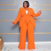 European & American Plus Size Women's Professional Casual Two-Piece Set - Long Sleeve Top & Pants with Tie