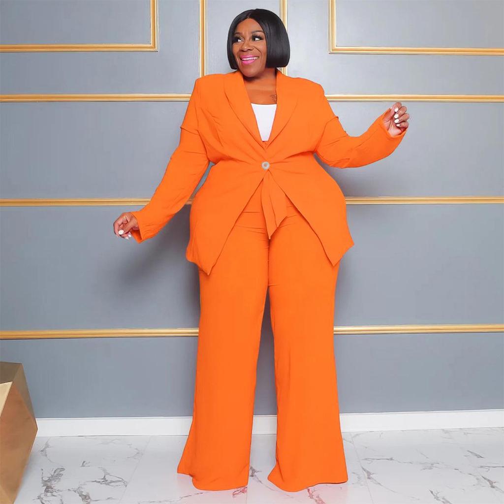 European & American Plus Size Women's Professional Casual Two-Piece Set - Long Sleeve Top & Pants with Tie