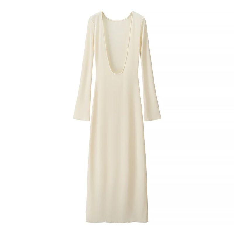 

Beautiful and Pure Desire for Seaside Wear Sexy Gyaru Perspective Backless round Neck Temperament Holiday Style Long sleeve dress Apricot S