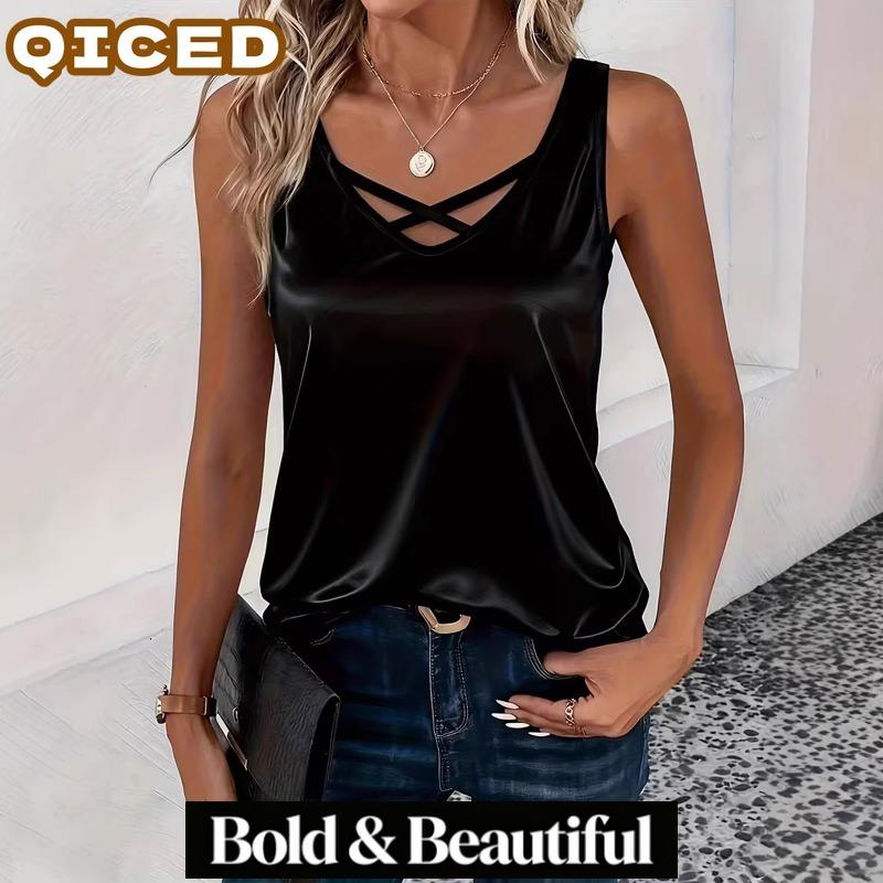 QICED Women's Fashion Casual Solid Color Print Sleeveless V-Neck Blouses & Shirts