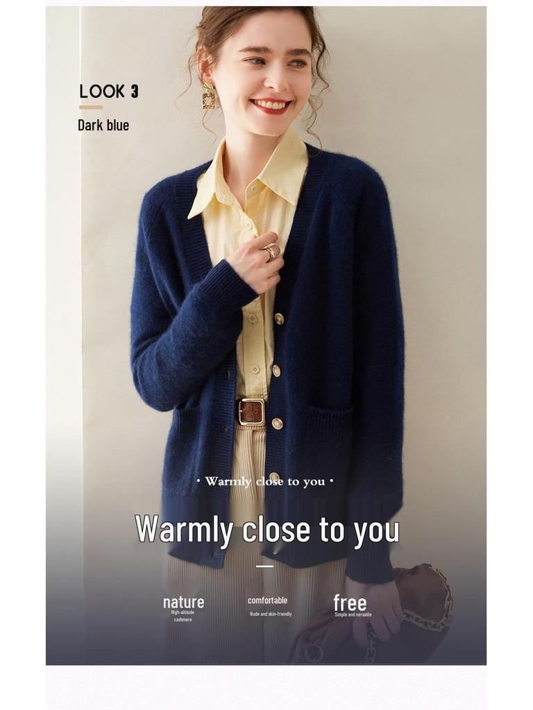 Women's Cashmere V-neck Cardigan: Autumn/Winter, Slimming, Knitted, Raglan Sleeve, Versatile Sweater.