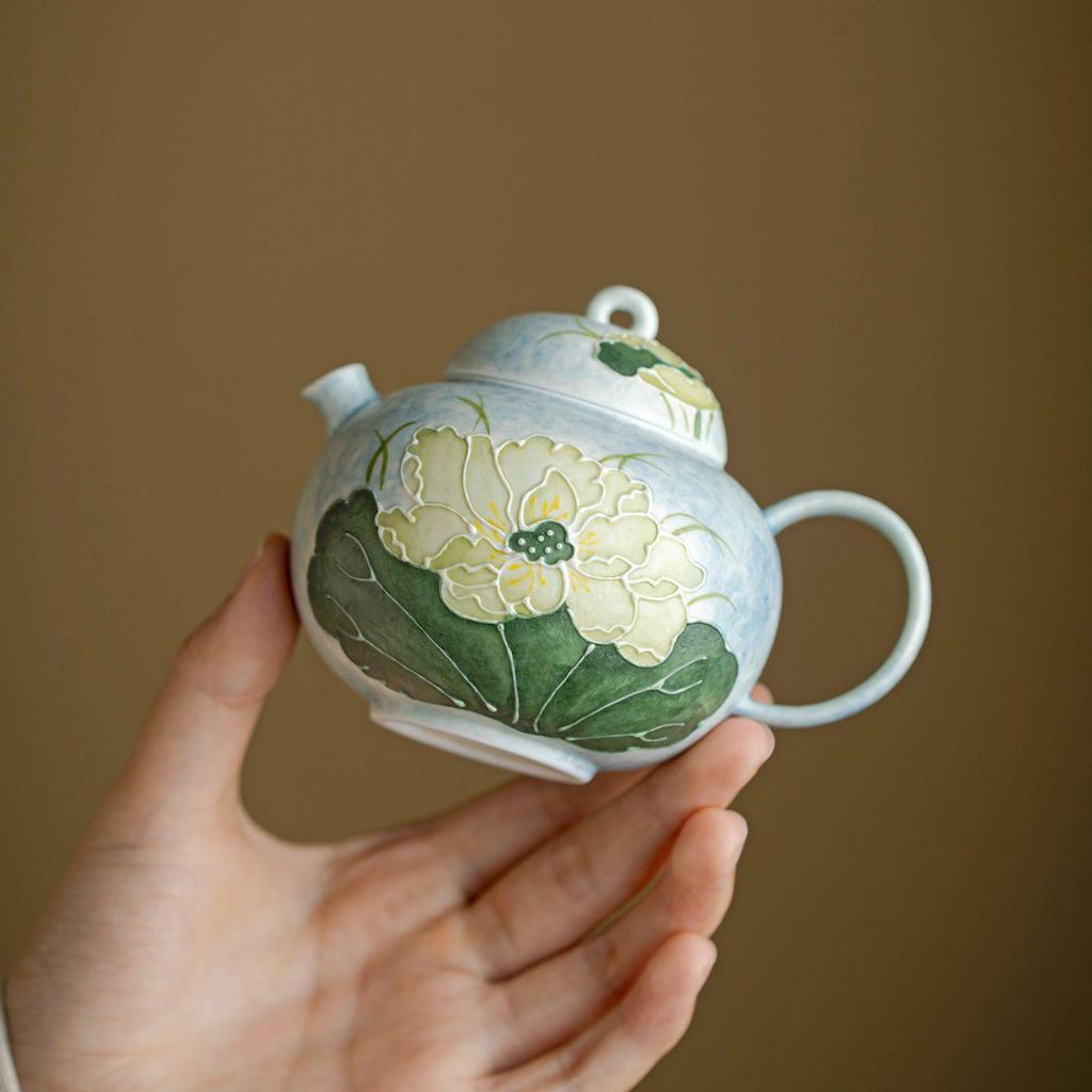 Hand-Painted Lotus Ceramic Teapot with Ball Hole Filter - New Chinese Style for Single Serve Tea Brewing