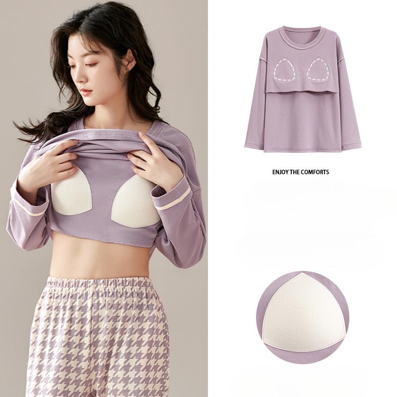 New Autumn Pajamas with Chest Pad Women Knitted Cotton Pajama Set Homewear Pijama Mujer Long Sleeve Casual Soft Female Sleepwear