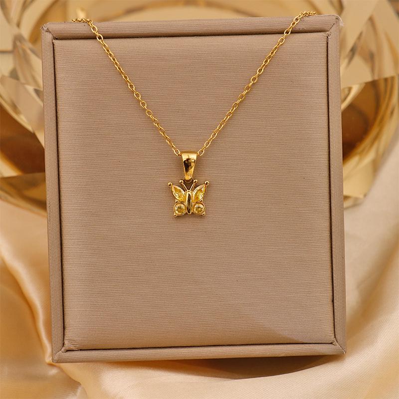 Retro Commuter Christmas Necklace: 18K Plated Titanium Steel with Zircon Inlaid Colorful Butterfly Pendant for Women