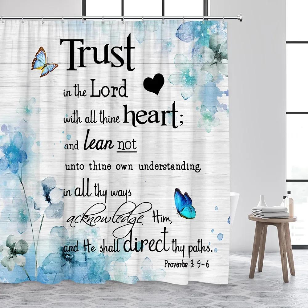 Inspirational Shower Curtains Watercolor Butterfly Flowers Trust In the Lord Quotes Aphorisms Modern Bathroom Curtain Decor Sets