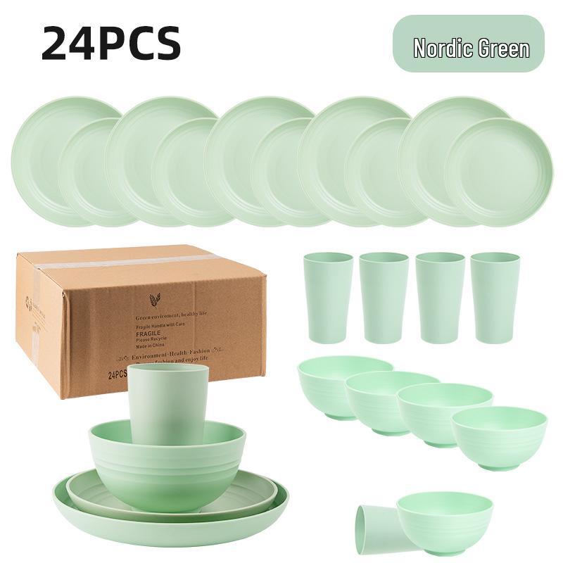 Cross-border Plastic Tableware Set: Plates, Bowls, Cups, Vomit Bowls, 24-Piece for Home Use.