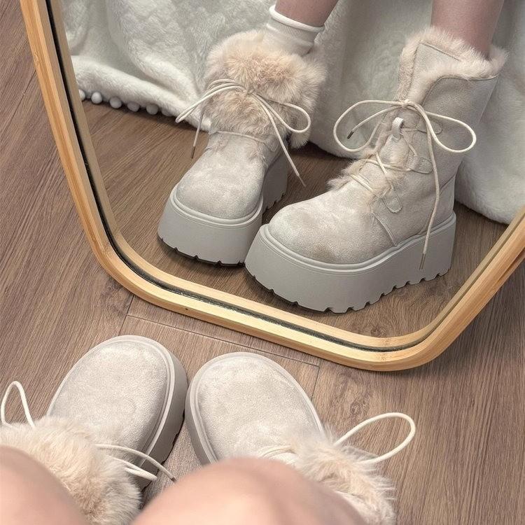 Damen-Winter-Flip-Flops mit dicker Sohle, Schnürung, zwei Tragevarianten, leicht, warm, kälteabweisend, gepolsterte Schneestiefel, rutschfest, lässige Sneaker, Baumwollschuhe