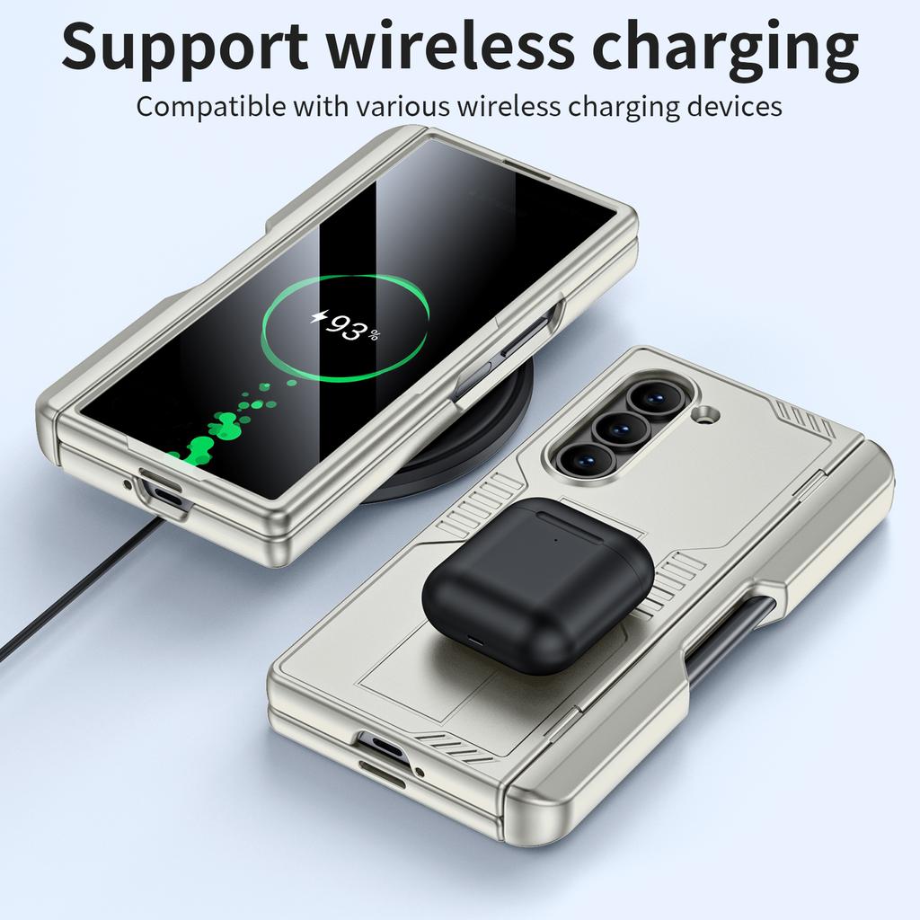 for Samsung Galaxy Z Fold 6 Phone Case With S Pen Holder, Hidden Stand, Screen Protector, Sturdy Shockproof Protective Case-Champagne