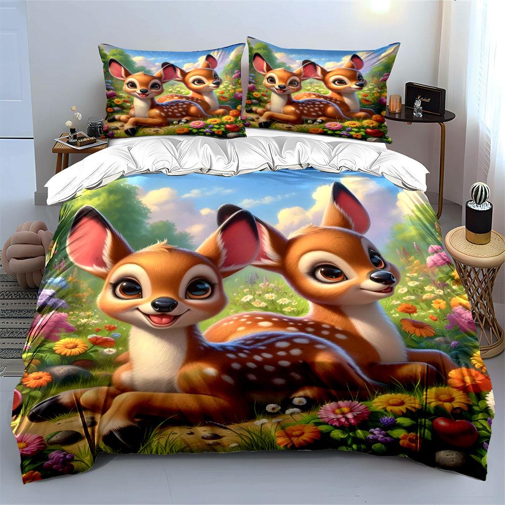 Cartoon deer, floral background. Print Bedding Set 1 Duvet Cover 2 Pillowcases for Adult and Children Luxury Gift Full Size
