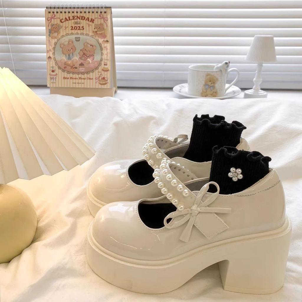 2025 Spring New Thick-soled Mary Jane Small Leather Shoes Women's Versatile Skirt French Retro Round Head Pearl Single Shoes