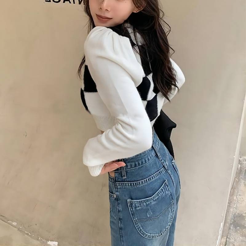 Autumn Sweater Women's Knitted Sweater Checkerboard Pattern Sweater Women's Half High Collar Long Sleeved Knitted Short Sweater