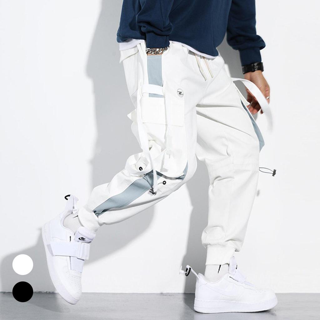Men Hip Hop Drawstring Multi Pockets Straps Ankle Tied Long Cargo Pants Trousers